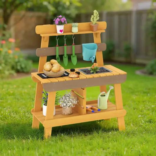 Outdoor Mud Kitchen for Kids Wooden Play Kitchen Toy for Boys Girls Aged 3-8-Yellow by myplayground