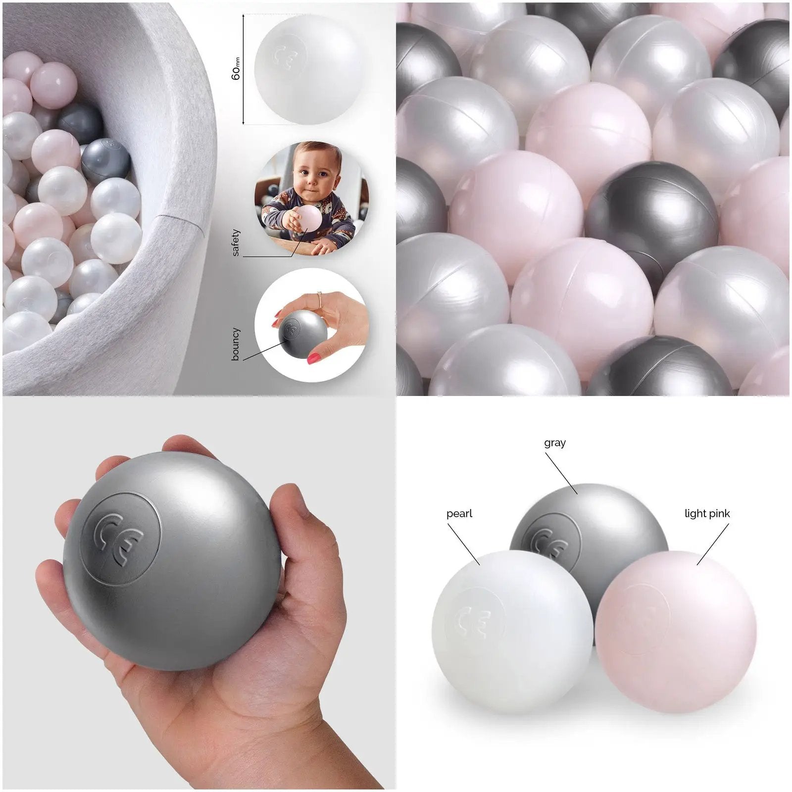 Boule de piscine à balles - 6 cm, lot de 200 pcs : perle, argent, perle rose clair - Plush Nest - Misioo by Misioo