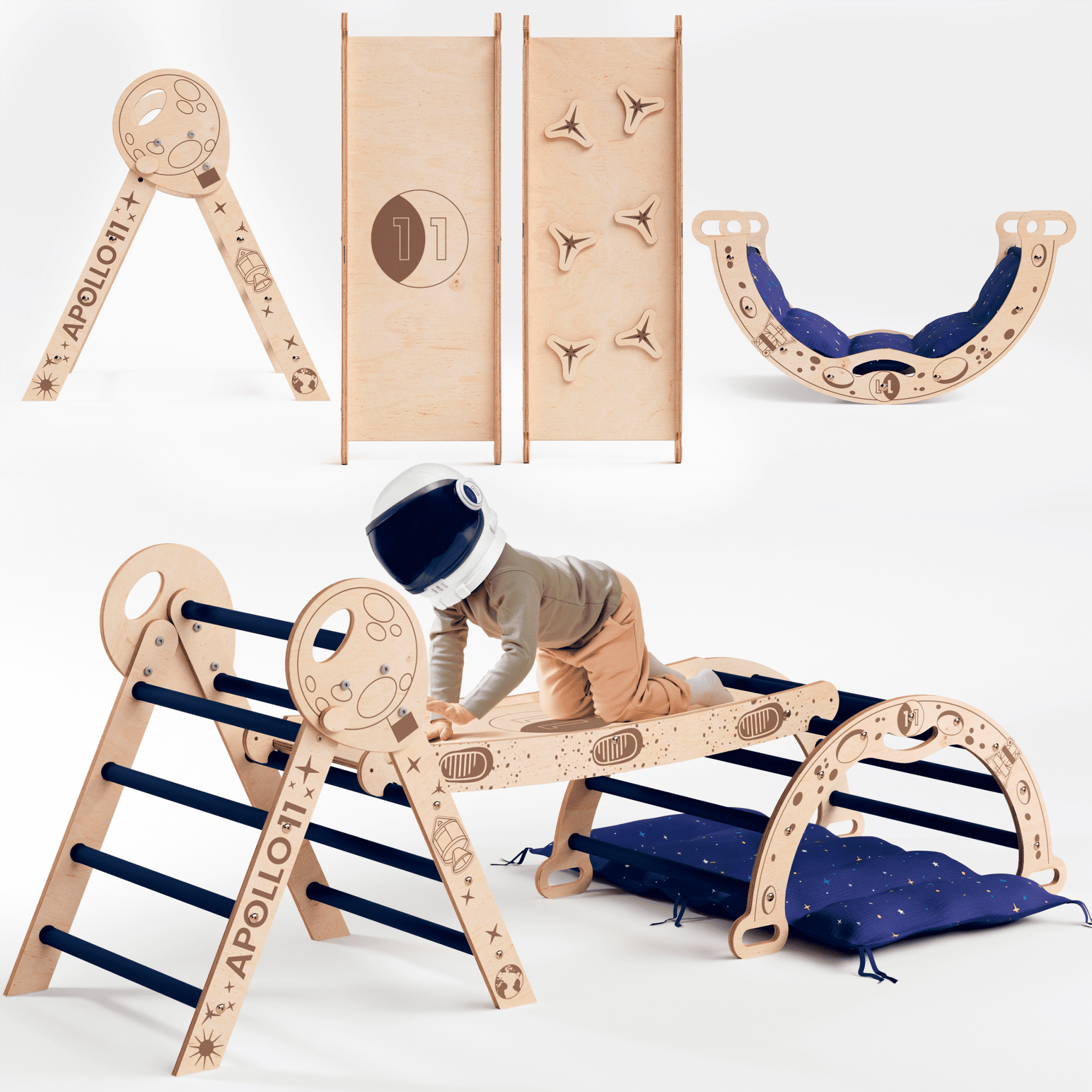 Apollo 4in1 Kletterset: Pikler - Dreieck, Kletterbogen, Rutschbrett und Kissen für kleine Kleinkind - Astronauten - myplayground