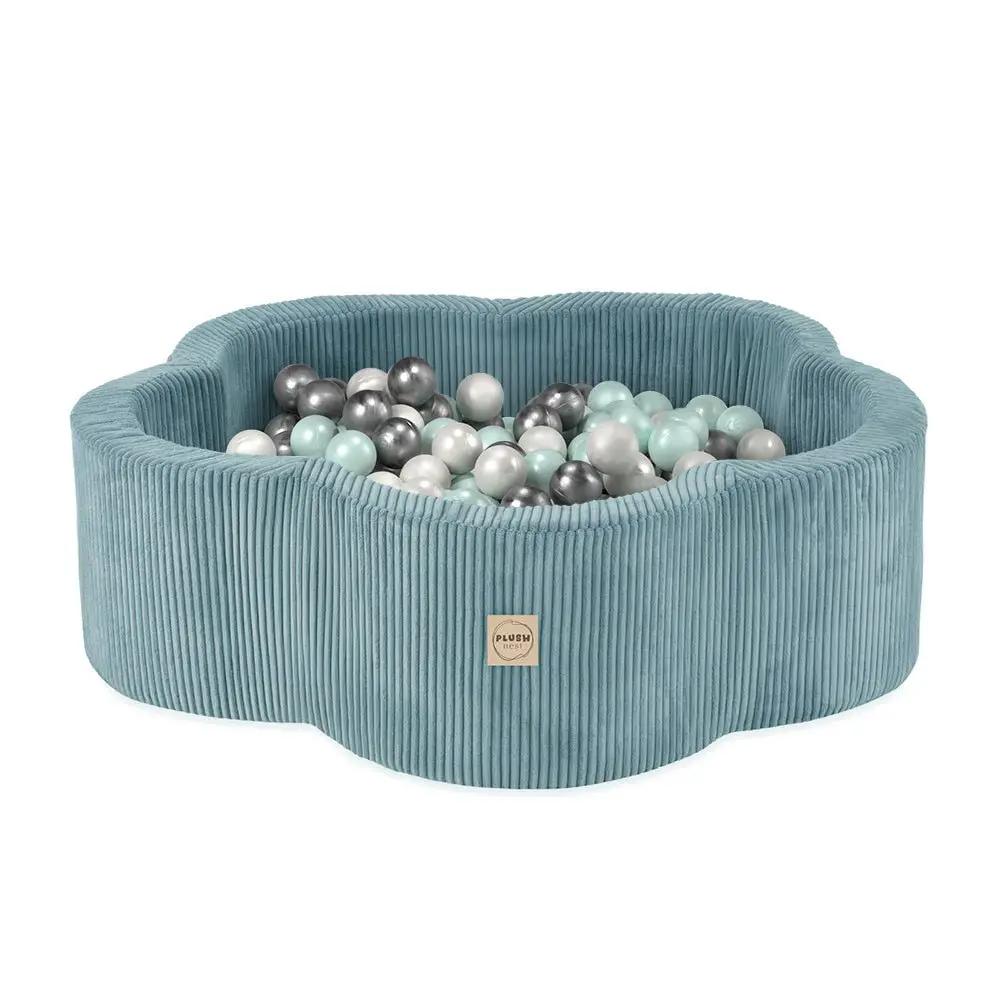 Piscine à balles avec tapis, 95x30, bleu, velours côtelé premium, Floral Fun Zone (+ 200 boules perle, perle menthe, argent) - Plush Nest - Misioo by Misioo