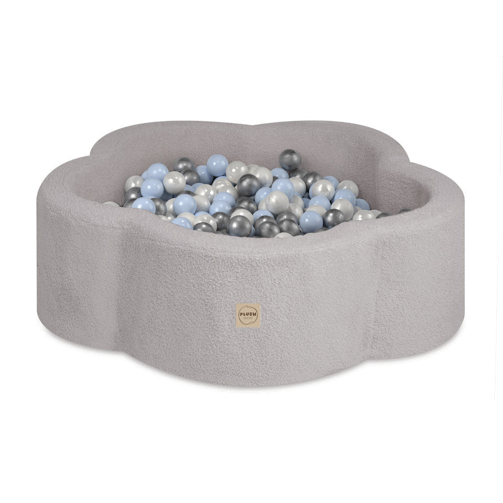 Piscine à balles, 95x30 cm, agneau gris, Floral Fun Zone (+ 200 boules argent, perle, bleu clair) - Plush nest - Misioo - myplayground
