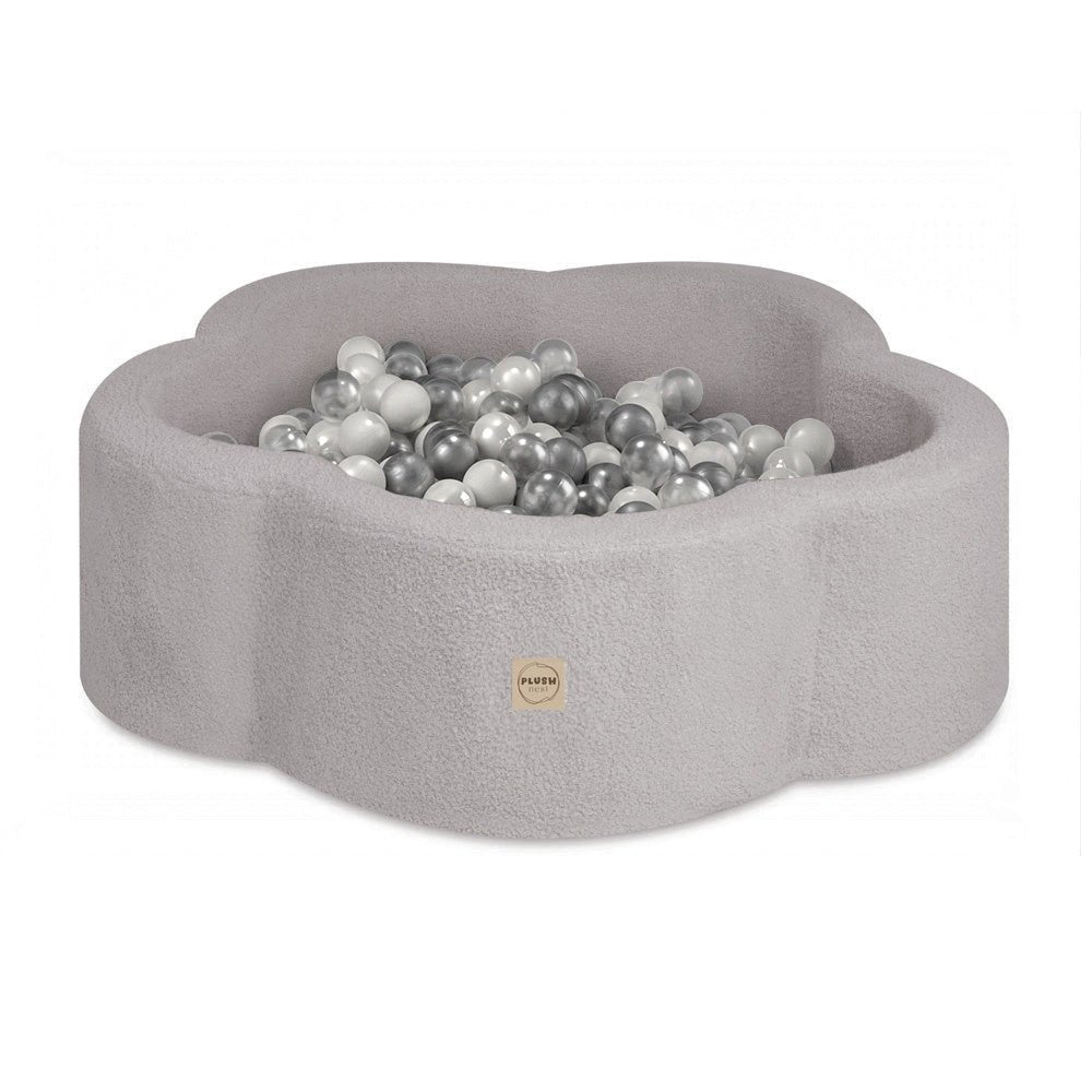 Piscine à balles, 95x30 cm, agneau gris, Floral Fun Zone (+ 200 boules argent, perle, transparentes) - Plush nest - Misioo - myplayground