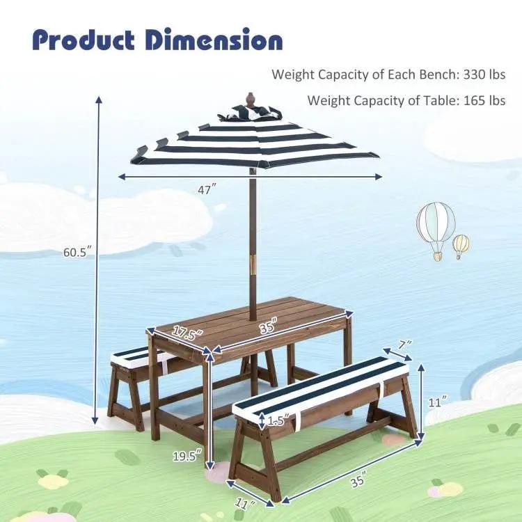 Kids Outdoor Wooden Picnic Table Bench Chairs Cushions Umbrella Set Navy/White by FastFurnishings