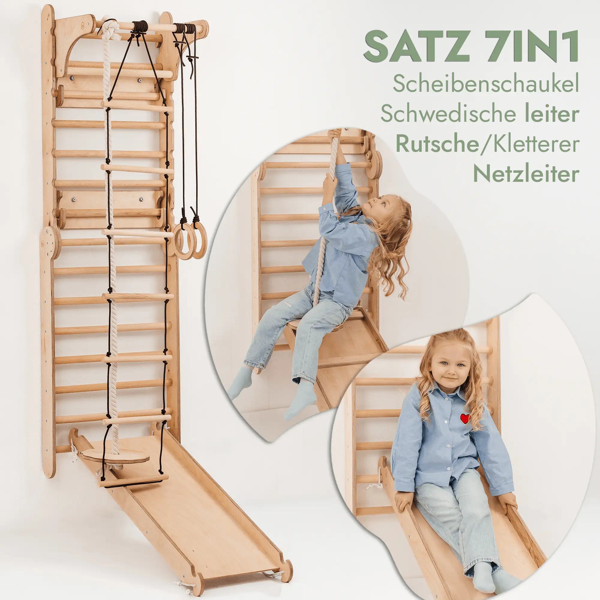 8in1 Kletterwand Indoor: Sprossenwand, Gymnastikringe, Hängende Leiter, Disc - Schaukel, Rutsche, Klimmzugstange, Maltafel und Kinderstuhl für Kinder – Beige - myplayground