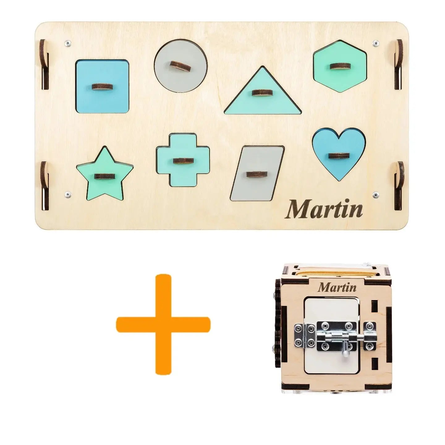 Ensemble Maisonnette et Cube Interactif - menthe, bois natura, 12 à 18 mois - BusyKids by BusyKids