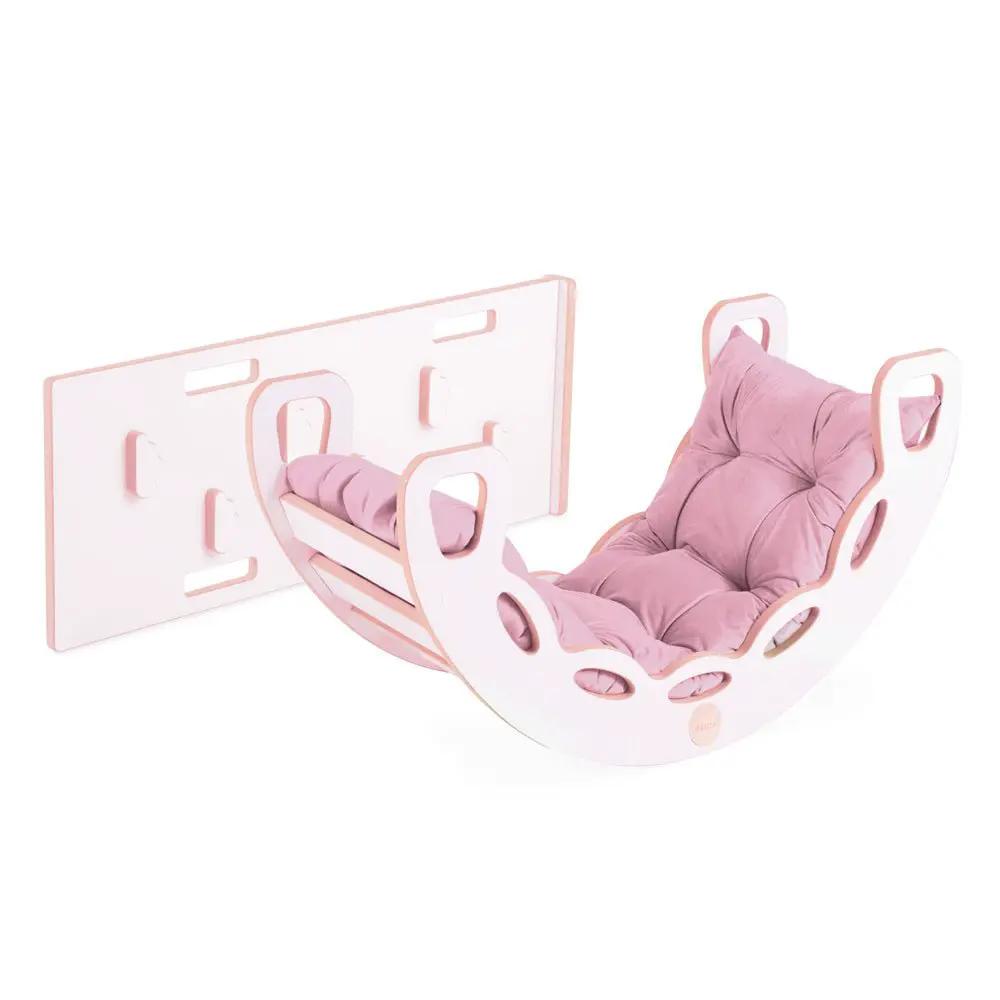 Bascule 4 en 1 - bois blanc, avec mur d’escalade, toboggan et coussin en velours rose, motricité - Plush nest by Misioo