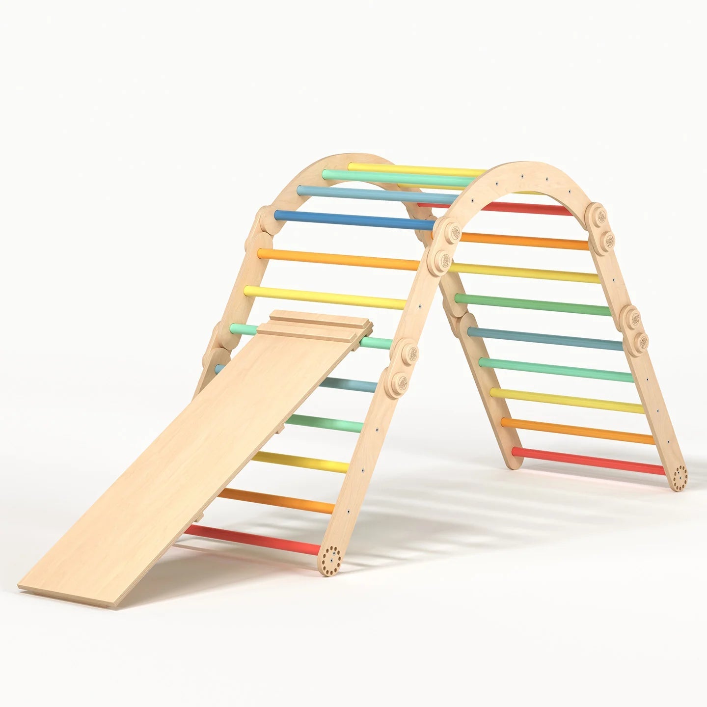 Ensemble d’escalade inclinable (set xl avec rocker + planche) - arc - en - ciel, bois brut (non verni), 18 à 24 mois - BusyKids - myplayground