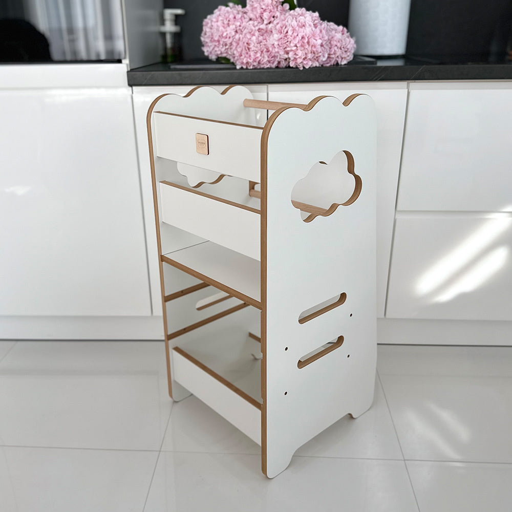 Tabouret d'aide cuisine enfant 2 niveaux - Blanc nuage - Bois - PLUSH NEST Misioo Tabouret d'Apprentissage Enfant Blanc - Nuage 2 Niveaux - PLUSH NEST myplayground
