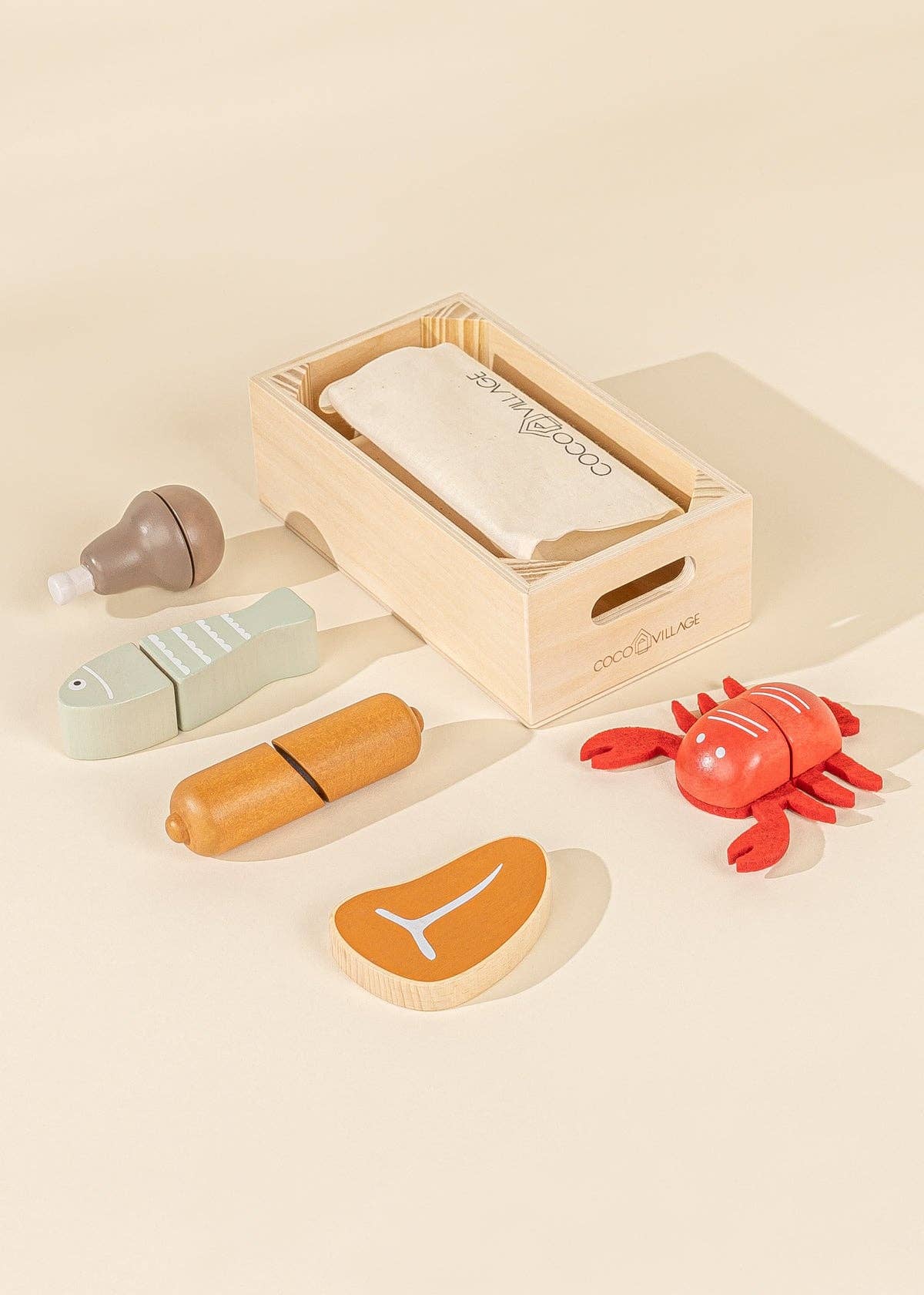 Ensemble de jeu en bois pour viande et poisson  Coco Village Ensemble de jeu en bois pour viande et poisson myplayground