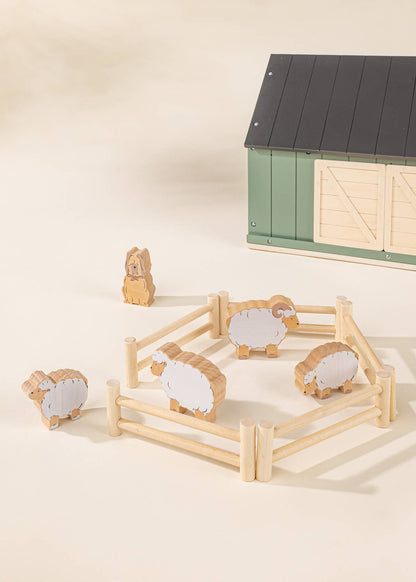 Set de 5 animaux de berger sur assiette en bois