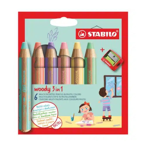Lot de 6 crayons multi-talents STABILO Woody 3 in 1 + 1 taille-crayon – coloris pastel