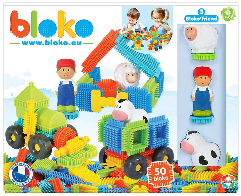 Coffret de 50 Bloko + 3 figurines 3D ferme - Bloko  Bloko Coffret de 50 Bloko + 3 figurines 3D ferme - Bloko myplayground