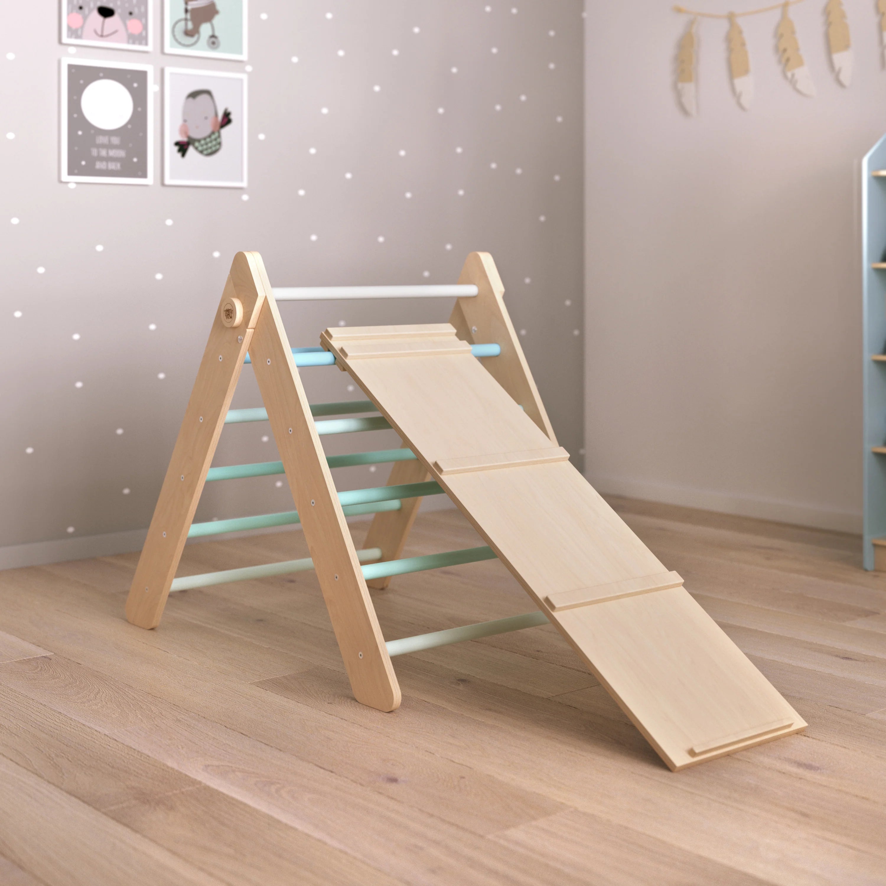 BusyKids - Ensemble Triangle de Motricité Pikler et Planche à Double Face Couleur Menthe - Bois Natura - 12 à 18 mois  BusyKids BusyKids - Ensemble Triangle de Motricité Pikler et Planche à Double Face Couleur Menthe - Bois Natura - 12 à 18 mois myplayground