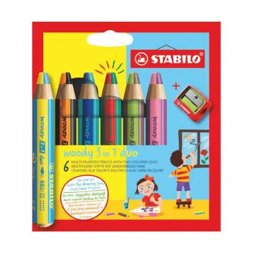Lot de 6 crayons multi-talents STABILO woody 3 in 1 duo + 1 taille-crayon