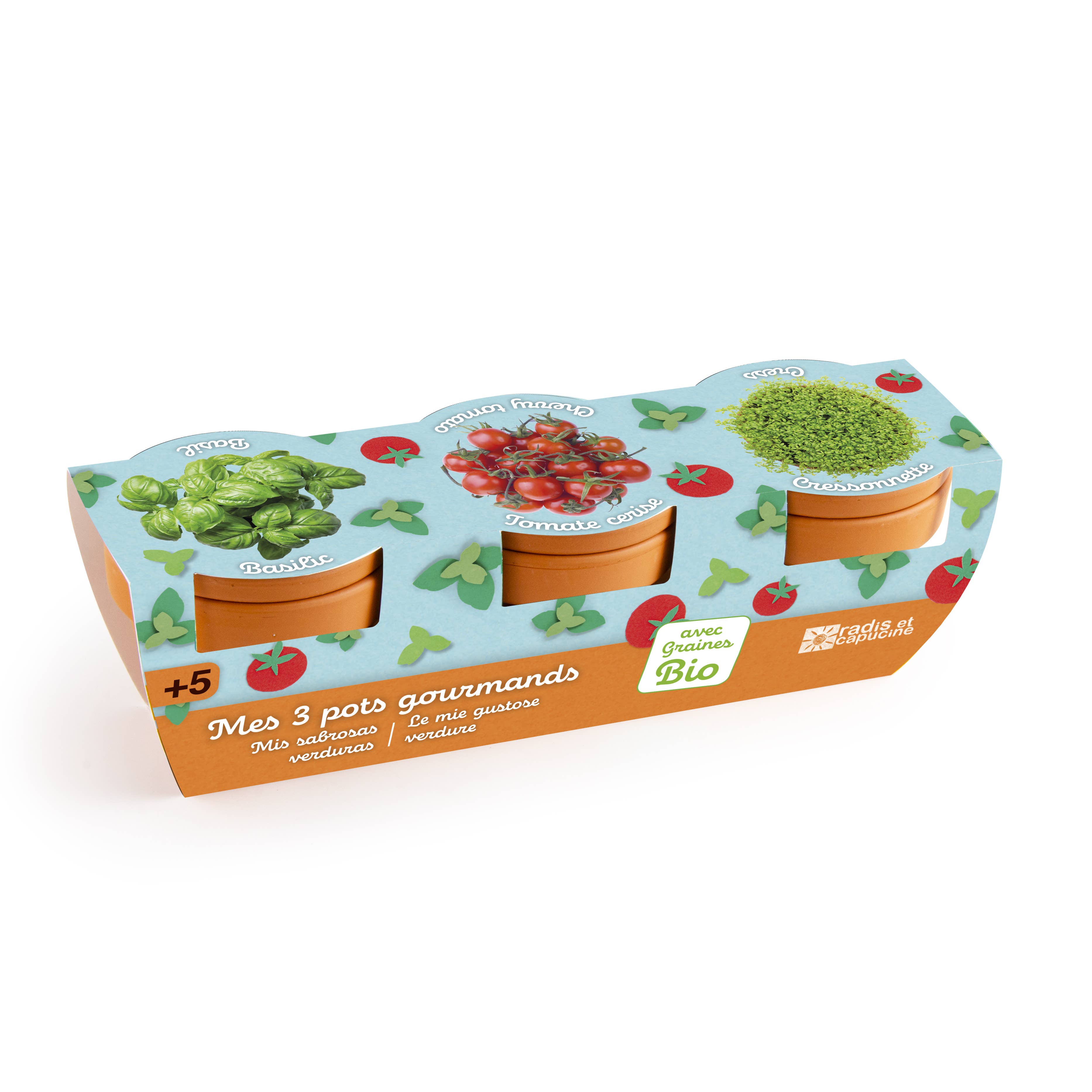 Trio 3 pots plantes gourmandes bio - Kit créatif de jardinage Enfant  Radis Et Capucine Trio 3 pots plantes gourmandes bio - Kit créatif de jardinage Enfant myplayground