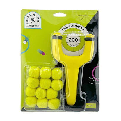Lance-pierres Trouble Maker jaune fluo + munitions en feutre - Jeu de motricité pour enfant ( 5 ans et + )