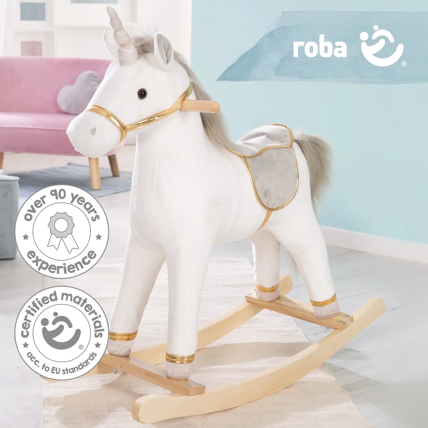 ROBA | Selle à bascule en forme de licorne, rembourrée, grise. De 2 à 6 ans.  ROBA ROBA | Selle à bascule en forme de licorne, rembourrée, grise. De 2 à 6 ans. myplayground