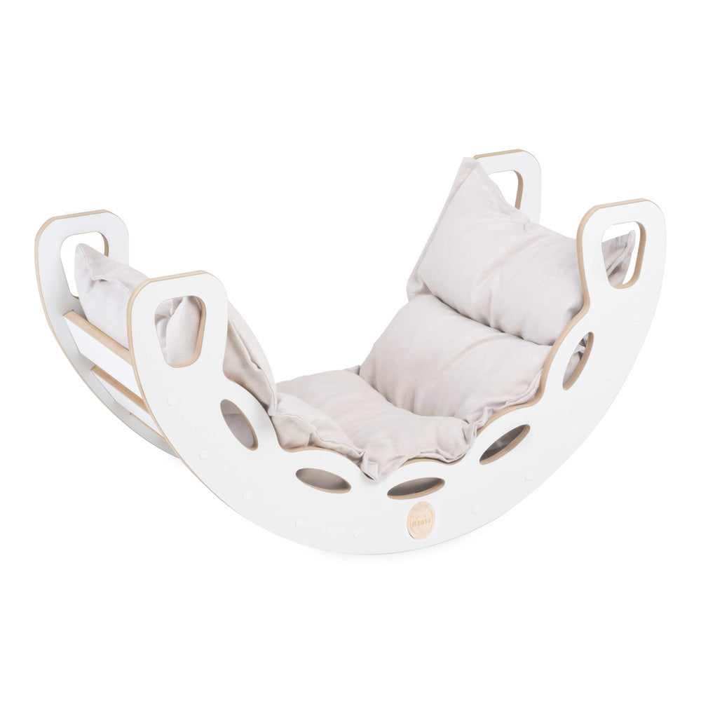 Bascule 4 en 1 - bois blanc, avec mur d’escalade, toboggan et coussin beige clair, motricité - Plush nest Misioo  Misioo  myplayground