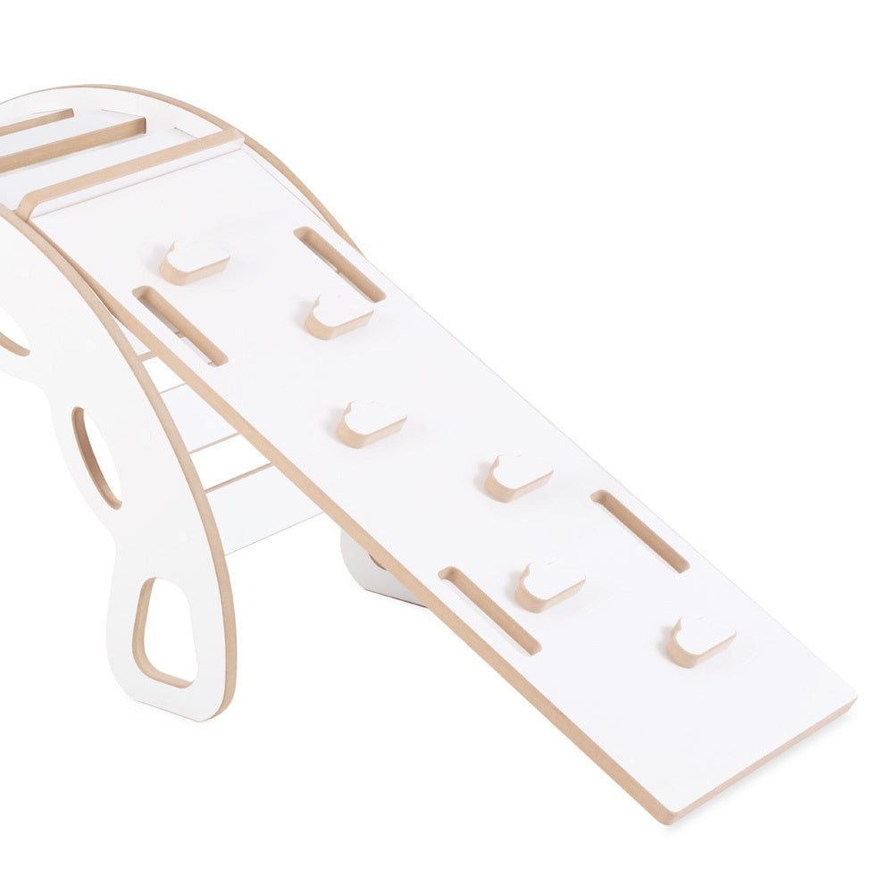 Bascule 4 en 1 - bois blanc, avec mur d’escalade, toboggan et coussin beige clair, motricité - Plush nest Misioo  Misioo  myplayground
