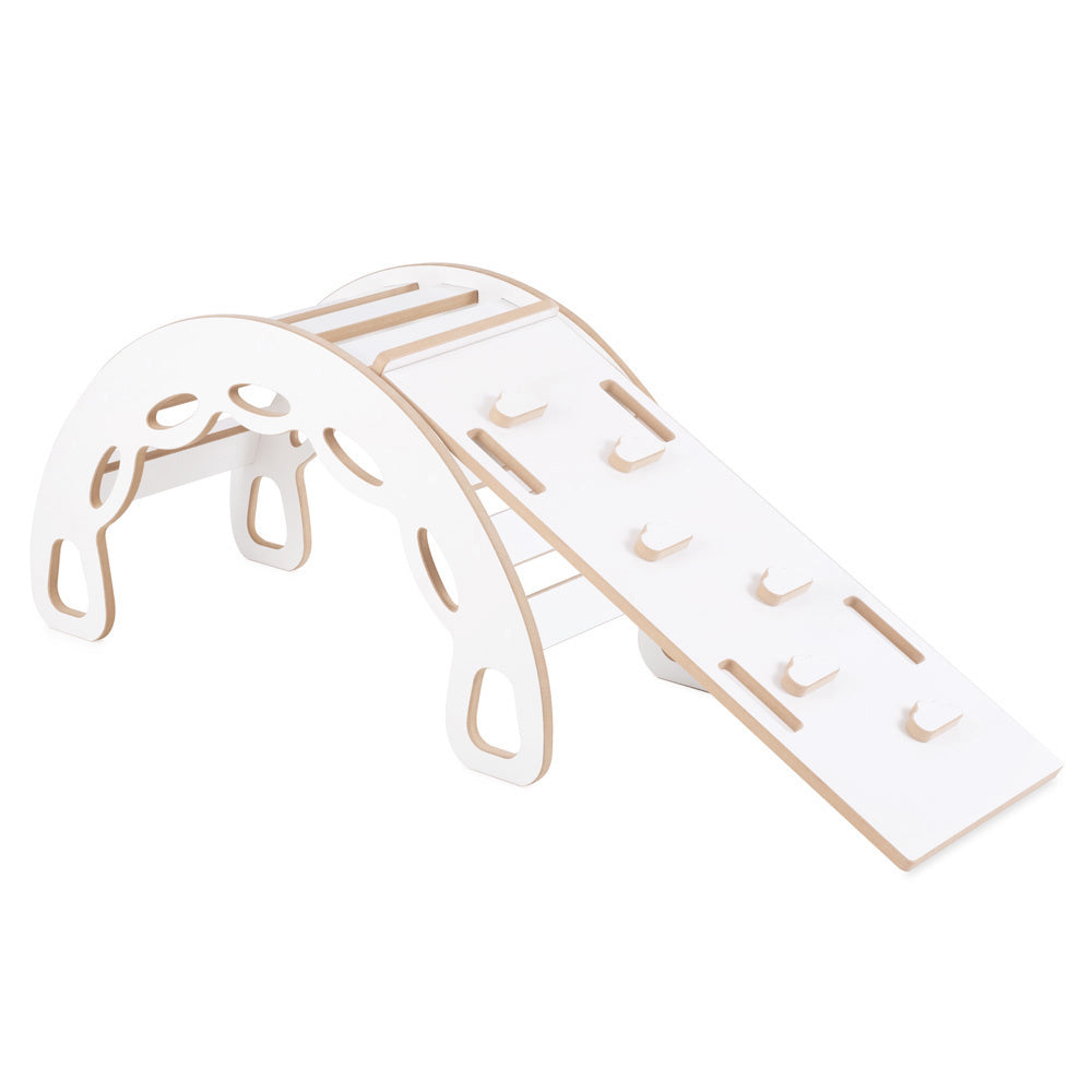 Bascule 4 en 1 - bois blanc, avec mur d’escalade, toboggan et coussin beige clair, motricité - Plush nest Misioo  Misioo  myplayground