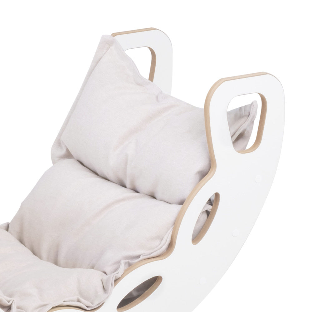 Bascule 4 en 1 - bois blanc, avec mur d’escalade, toboggan et coussin beige clair, motricité - Plush nest Misioo  Misioo  myplayground
