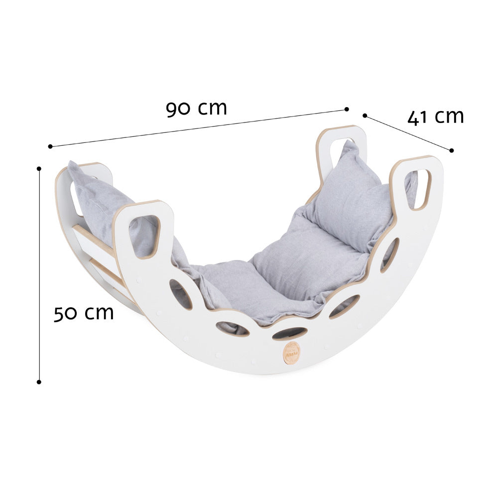 Bascule 4-en-1 enfant PLUSH NEST avec toboggan et coussin gris clair