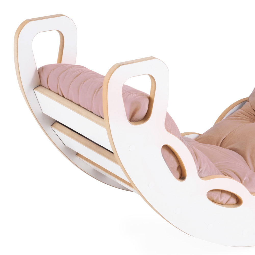 Bascule 4 en 1 - bois blanc, avec mur d’escalade, toboggan et coussin en velours beige/doré, motricité - Plush nest Misioo  Misioo  myplayground