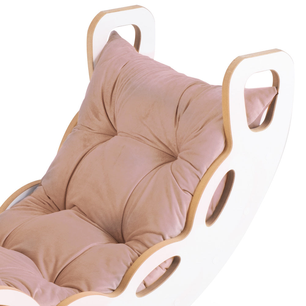 Bascule 4 en 1 - bois blanc, avec mur d’escalade, toboggan et coussin en velours beige/doré, motricité - Plush nest Misioo  Misioo  myplayground