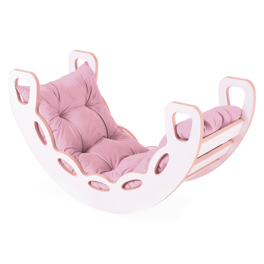 Bascule 4-en-1 avec mur d’escalade/toboggan et coussin en velours rose - Bois blanc - PLUSH NEST  Misioo Bascule 4-en-1 Enfant Bois Blanc Avec Coussin Rose – PLUSH NEST myplayground