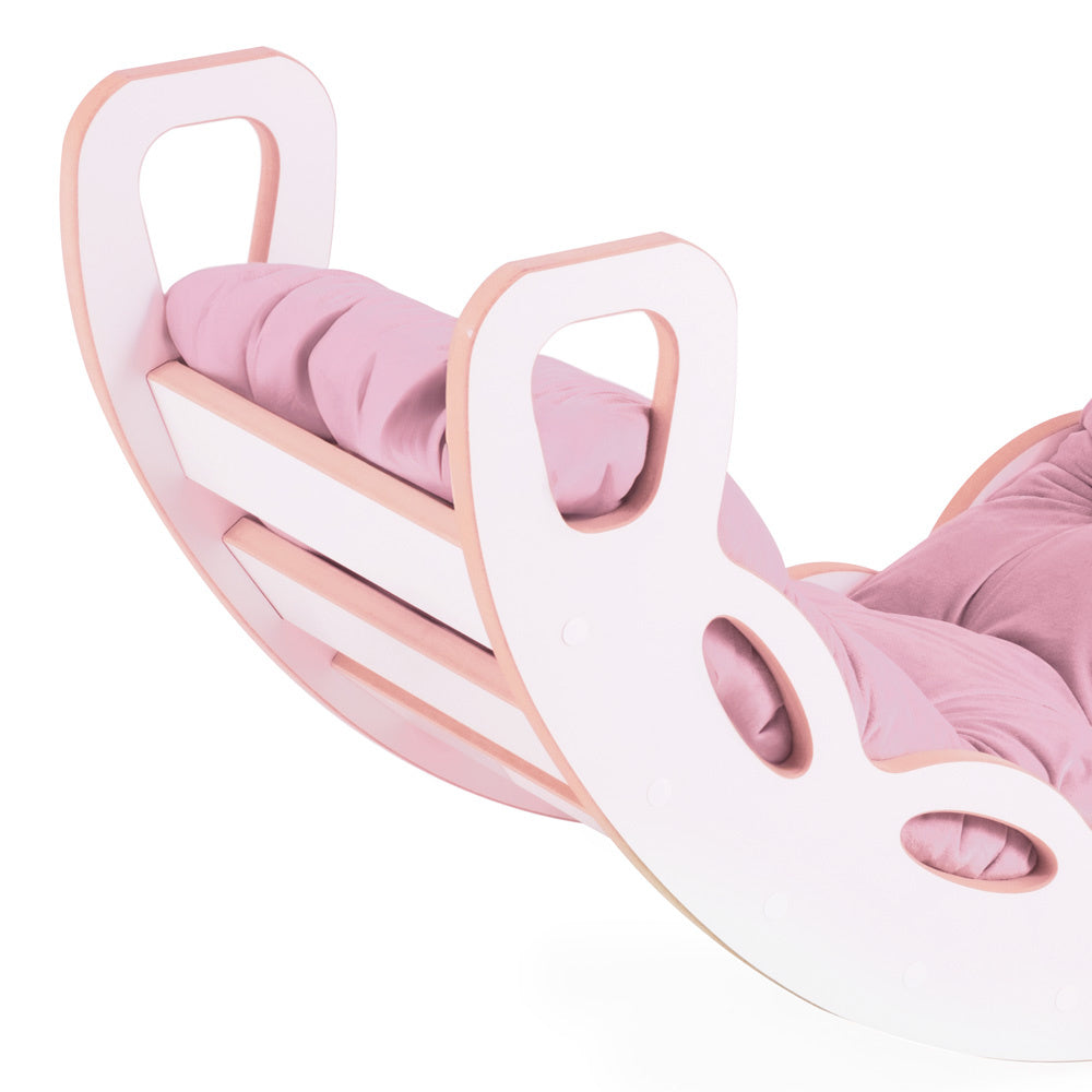 Bascule 4-en-1 avec mur d’escalade/toboggan et coussin en velours rose - Bois blanc - PLUSH NEST  Misioo Bascule 4-en-1 Enfant Bois Blanc Avec Coussin Rose – PLUSH NEST myplayground