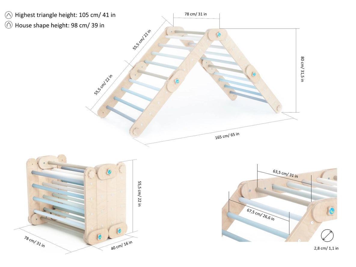 Grimpeur Transformable Bleu, Triangle Pikler Modifiable - Jeu de Motricité Enfant - Happymoon  HappyMoon  myplayground