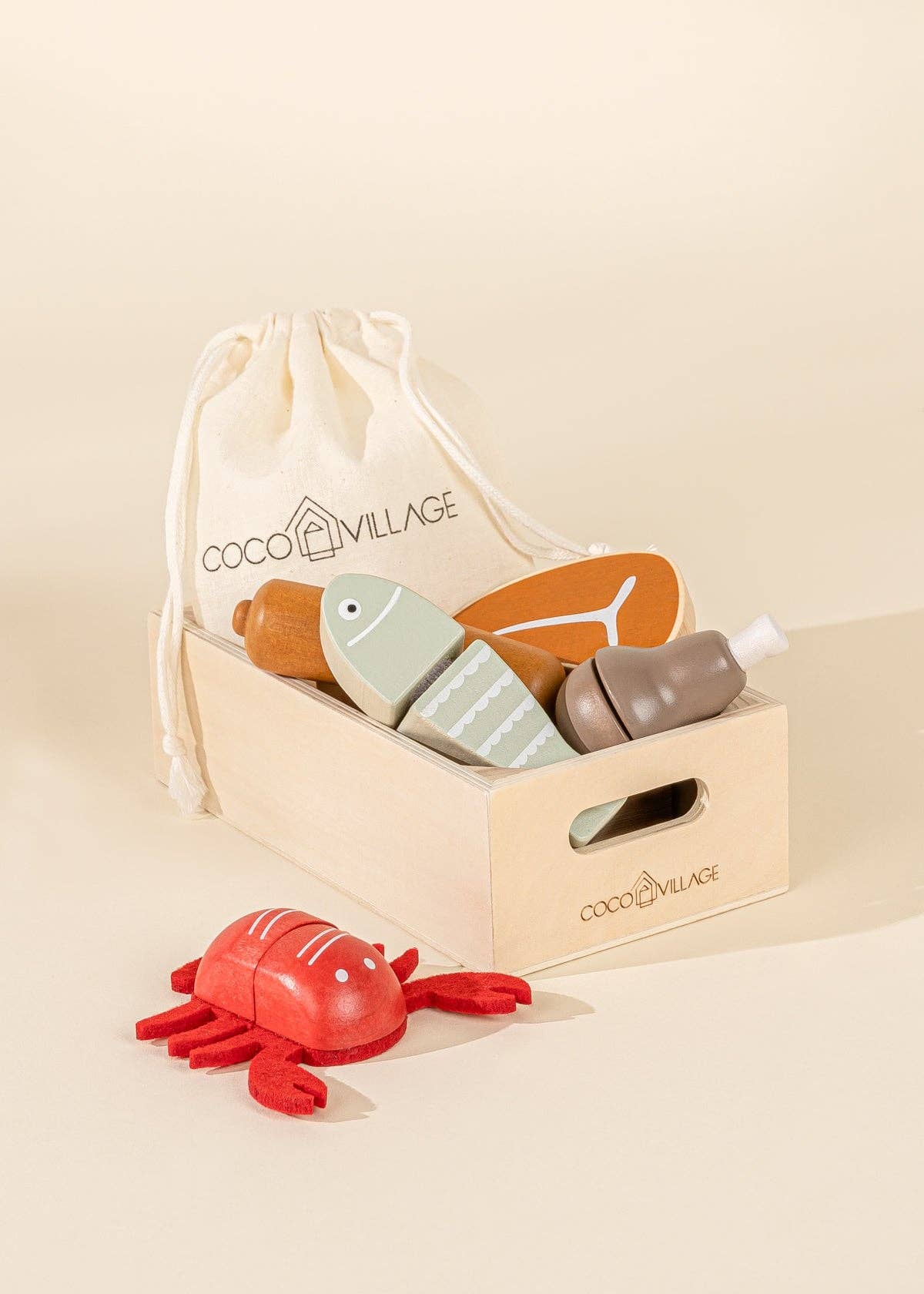 Ensemble de jeu en bois pour viande et poisson  Coco Village Ensemble de jeu en bois pour viande et poisson myplayground