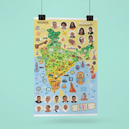 Affiche de carte de l'Inde - Decoration enfant (A3)