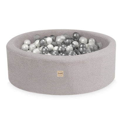 PLUSH NEST - Misioo - Piscine à balles, ronde, 90x30 cm, agneau gris (+ 200 boules argent, perle, transparentes)