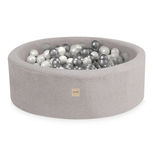 PLUSH NEST - Misioo - Piscine à balles, ronde, 90x30 cm, agneau gris (+ 200 boules argent, perle, transparentes)