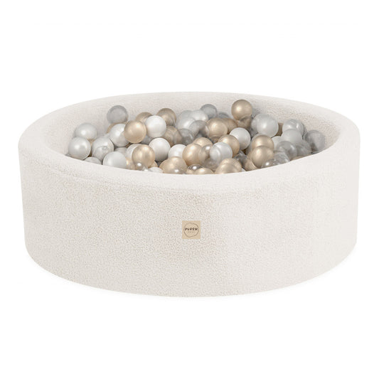 PLUSH NEST - Misioo - Piscine à balles, ronde, 90x30 cm, agneau crème (+ 200 boules or, perle, transparentes)