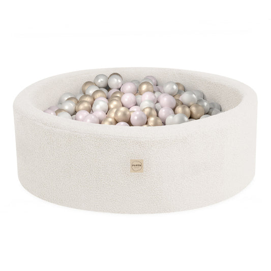 PLUSH NEST - Misioo - Piscine à balles, ronde, 90x30 cm, agneau crème (+ 200 boules or, perle, perle rose clair)