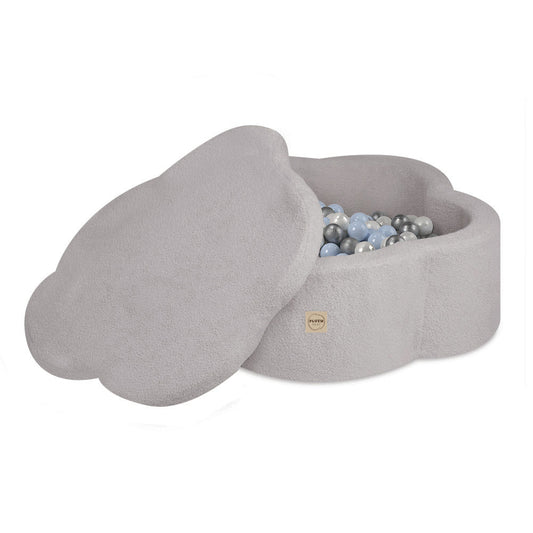 PLUSH NEST - Misioo - Piscine à balles avec tapis, 95x30 cm, agneau gris (+ 200 boules argent, perle, bleu clair), Floral Fun Zone