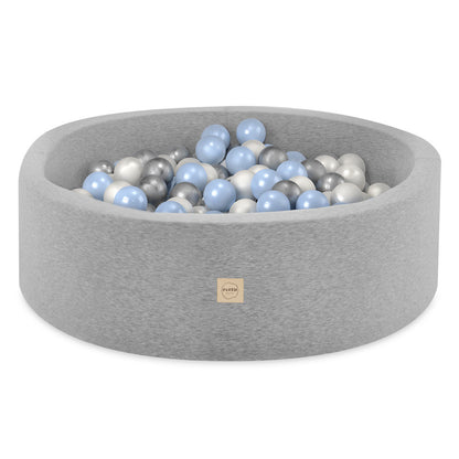 PLUSH NEST - Misioo - Piscine à balles, gris clair, ronde, coton, 90x30, 200 boules : bleu clair, argent, perle