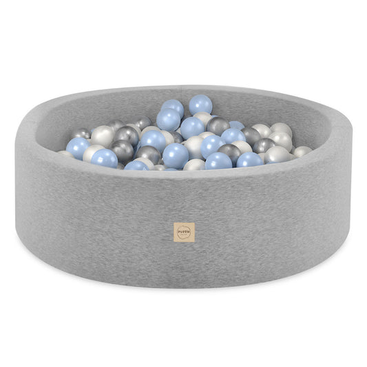 PLUSH NEST - Misioo - Piscine à balles, gris clair, ronde, coton, 90x30, 200 boules : bleu clair, argent, perle
