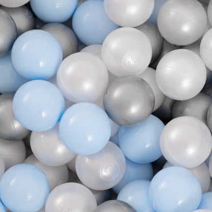 PLUSH NEST - Misioo - Piscine à balles, gris clair, ronde, coton, 90x30, 200 boules : bleu clair, argent, perle