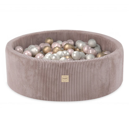 PLUSH NEST - Misioo - Piscine à balles, beige, ronde, velours côtelé, 90x30, 200 boules : perle, rose clair, or