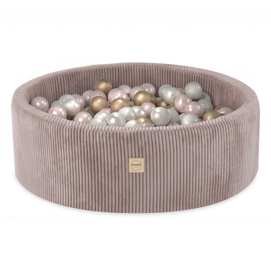 PLUSH NEST - Misioo - Piscine à balles, beige, ronde, velours côtelé, 90x30, 200 boules : perle, rose clair, or