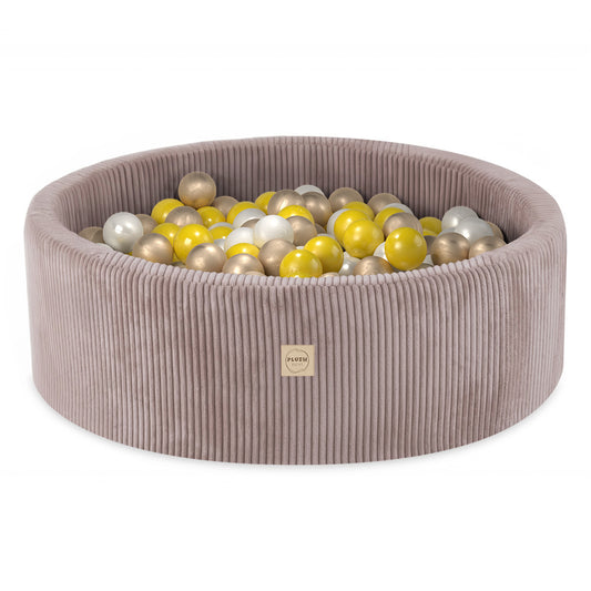 PLUSH NEST - Misioo - Piscine à balles, beige, ronde, velours côtelé, 90x30, 200 boules : perle, jaune, or