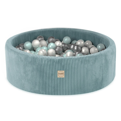 PLUSH NEST - Misioo - Piscine à balles, bleu, ronde, velours côtelé premium, 90x30, 200 boules : perle, perle menthe, argent