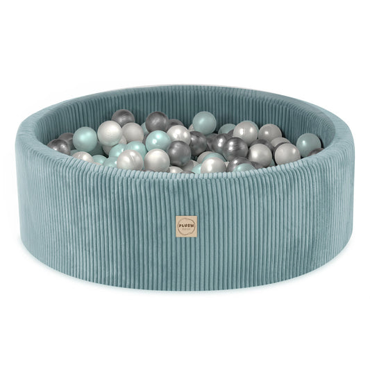 PLUSH NEST - Misioo - Piscine à balles, bleu, ronde, velours côtelé premium, 90x30, 200 boules : perle, perle menthe, argent