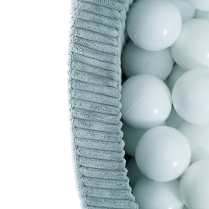 PLUSH NEST - Misioo - Piscine à balles, bleu, ronde, velours côtelé premium, 90x30, 200 boules : perle, perle menthe, argent
