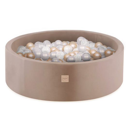 PLUSH NEST - Misioo - Piscine à balles, or, ronde, velours, 90x30, 200 boules : or, transparentes, perle