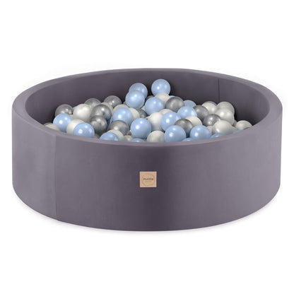 PLUSH NEST - Misioo - Piscine à balles, gris, ronde, velours, 90x30, 200 boules : bleu clair, argent, perle