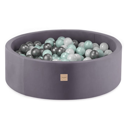 PLUSH NEST - Misioo - Piscine à balles, gris, ronde, velours, 90x30, 200 boules : menthe, argent, blanc